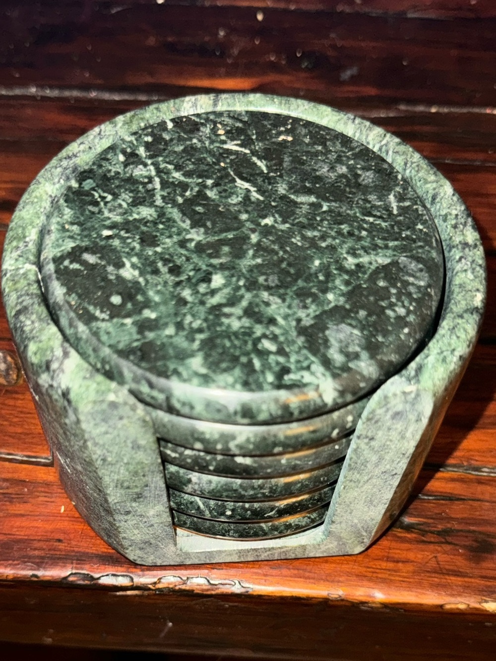 MCM Green Stone 6 Coaster Set with Holder Mid Century Modern
